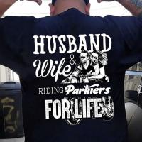 Product Bikergod Motorcycle husband and wife riding partners for life T-shirt, Crew-neck Sweatshirt, Hoodie, Tank Top, V-neck T-shirt Design 2D Full Printed Sizes S - 5XL - NAJA417